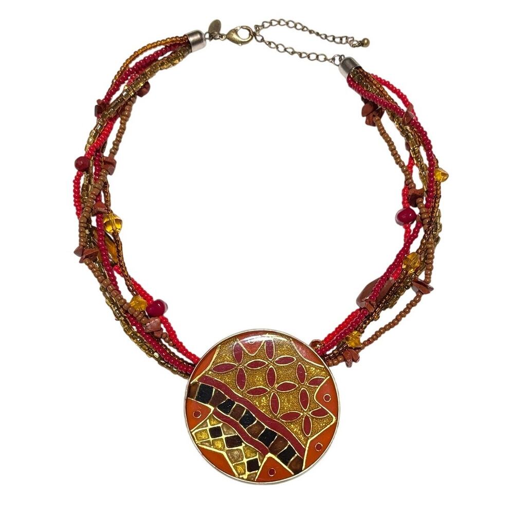 Chicos Medallion Statement Necklace Beaded Stone Pendant Boho Tribal Earthtones